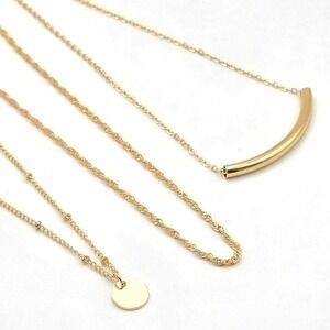 Set of 3 Gold Tone Bar Disc Rope Chain Fashion Necklace Minimalist Layered